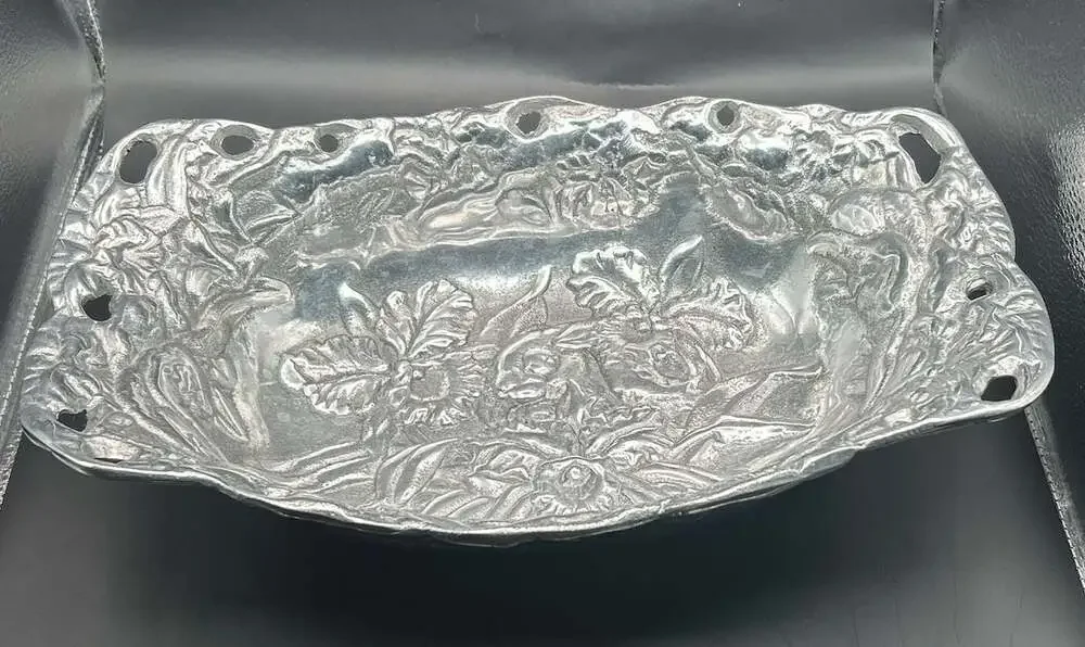 Vintage Peltrina Peltre Pewter Oval Floral Serving Bowl with Pierced Handles